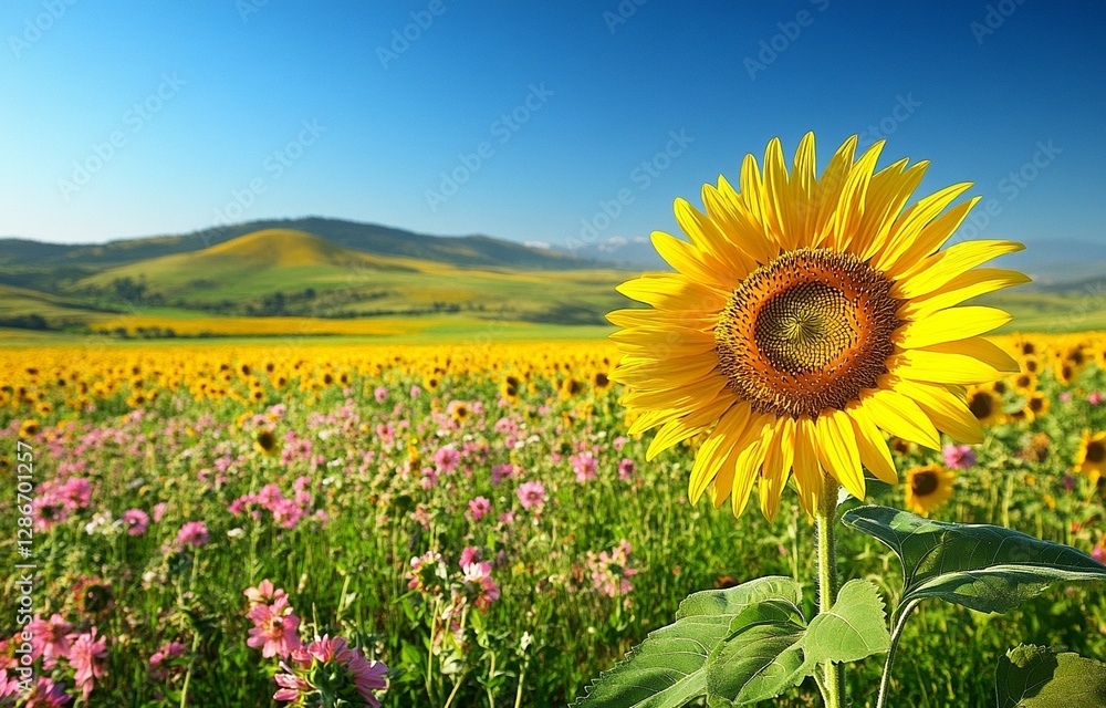 Fototapeta premium A big sunflower blooms on a bright day amid a field of pink flowers and sunflowers.