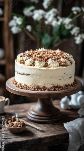 Delicious Berry and Cream Layered Cake Displayed at a Rustic Country Gatherin...