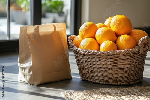 Fresh Oranges in a Basket Beside a Brown Paper Bag in a Bright Indoor Setting