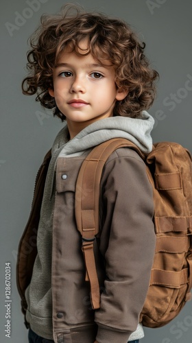 Young Child With Curly Hair Walks Through City Street Carrying a Backpack in ...