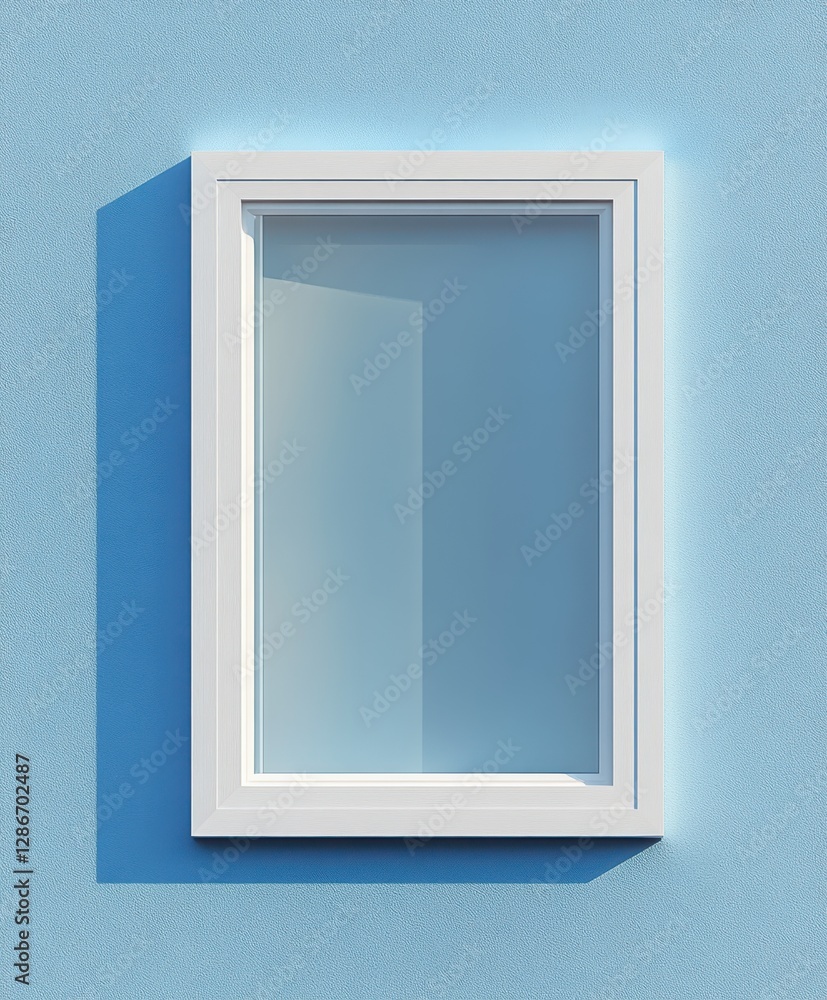 A white frame is mounted on a blue wall, featuring a window that enhances the room's brightness and openness, creating a serene atmosphere. A white frame is mounted on a blue wall, featuring a window that enhances the room's brightness and openness, creating a serene atmosphere.