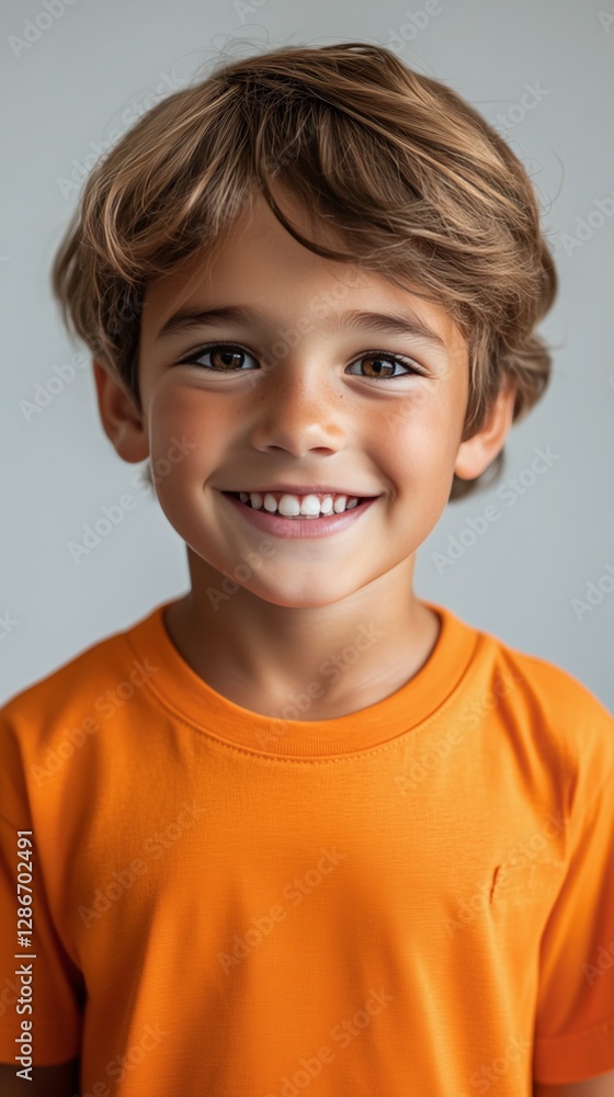 Young Boy With Cheerful Smile Wearing Bright Orange Shirt Indoors Young Boy With Cheerful Smile Wearing Bright Orange Shirt Indoors