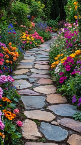 Brightly Colored Flowers Line a Stone Pathway Through a Vibrant Garden Full o...