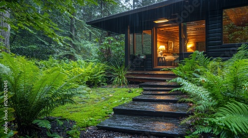 Dewy Ferns Framing Cabin Doorway