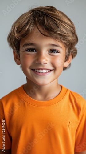 Young Boy With Cheerful Smile Wearing Bright Orange Shirt Indoors
