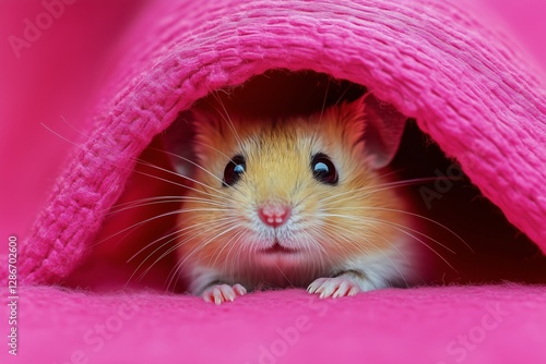 Sweet Hamster Peeking out From Under a Bright Pink Blanket in a Cozy Setting