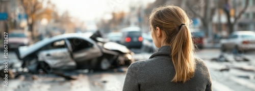 A lady in front of a vehicle that has been in an automobile accident