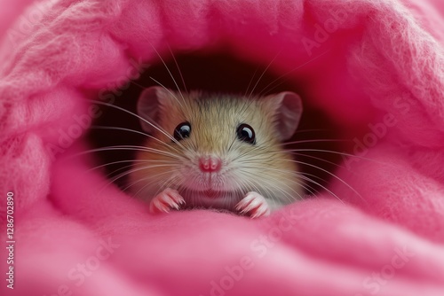 Sweet Hamster Peeking out From Under a Bright Pink Blanket in a Cozy Setting