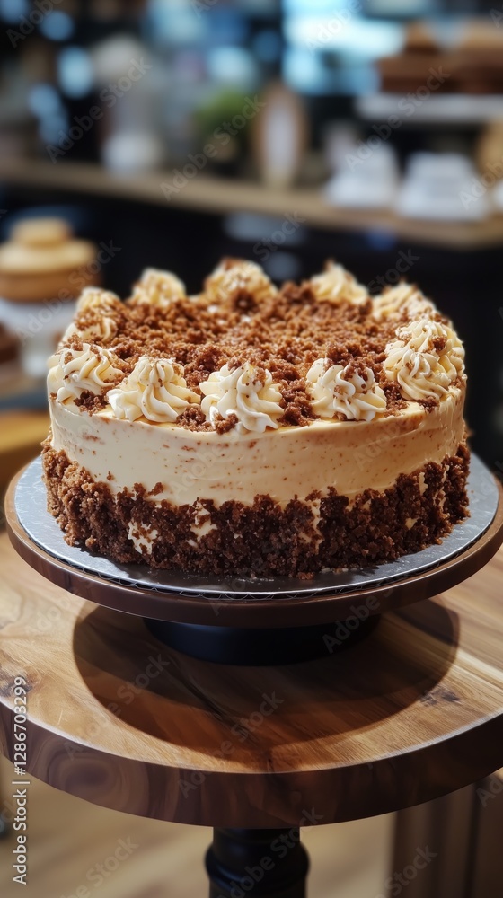 Delicious Creamy Cake With Crumb Topping Displayed on Wooden Stand in Cafe Setting Delicious Creamy Cake With Crumb Topping Displayed on Wooden Stand in Cafe Setting