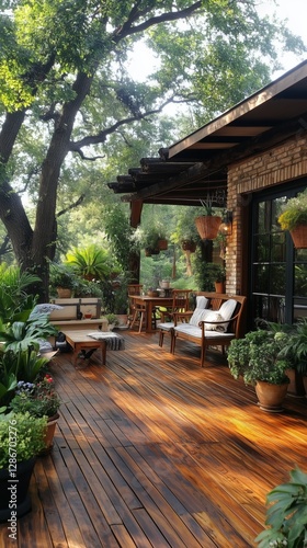 Cozy Outdoor Seating Area Surrounded by Lush Greenery and Wooden Deck in a Tr...