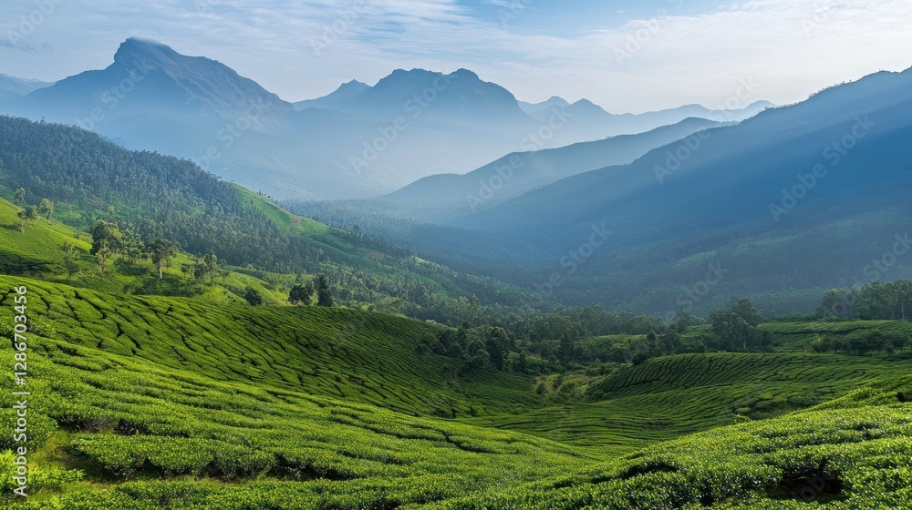 Lush Green Tea Plantation with Rolling Hills and Distant Mountain Range Lush Green Tea Plantation with Rolling Hills and Distant Mountain Range