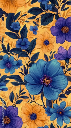 Beautiful Floral Pattern With Blue and Purple Flowers on Yellow Background