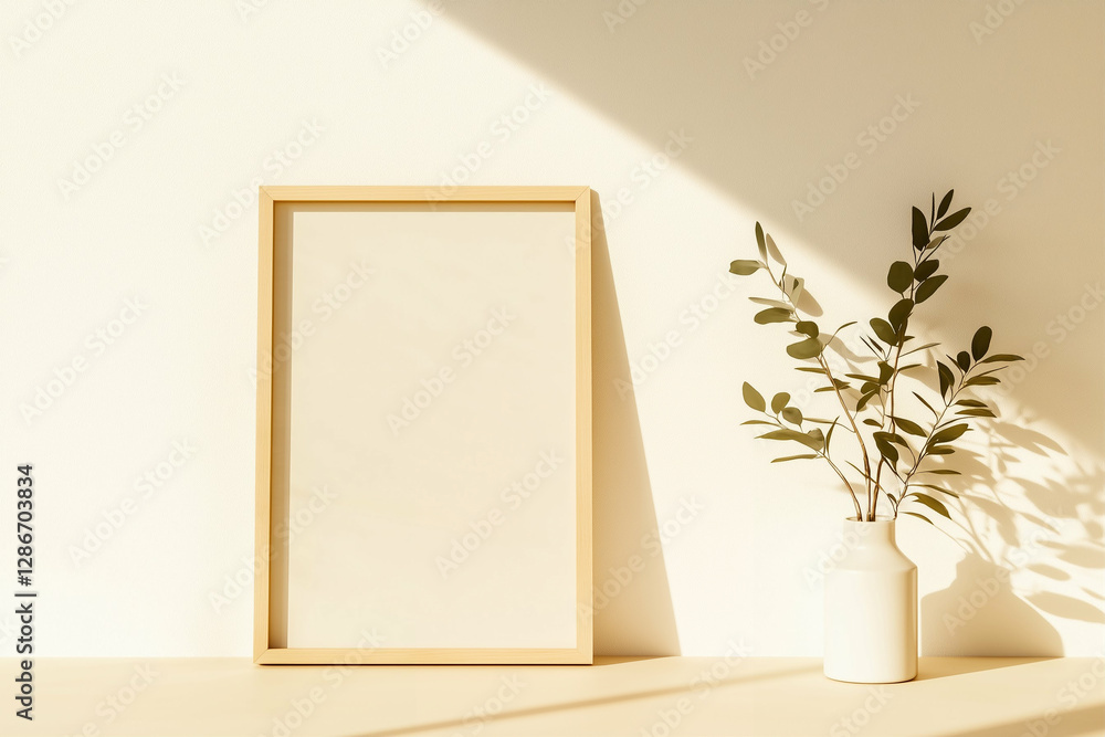 Framed picture with plant in vase on table near wall in sunlight. Home decor with picture frame and plant in interior design setting Framed picture with plant in vase on table near wall in sunlight. Home decor with picture frame and plant in interior design setting