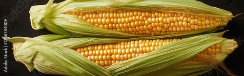Fresh corn cobs with vibrant green husks partially peeled back reveal sweet golden kernels underneath, perfect for a summer barbecue or healthy meal preparation