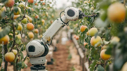 Autonomous farm robots pruning trees in an orchard managed by smart technology