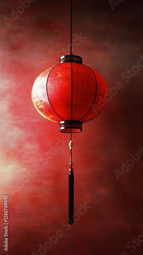Bright Red Lantern Illuminates Textured Wall in Traditional Setting During Fe...