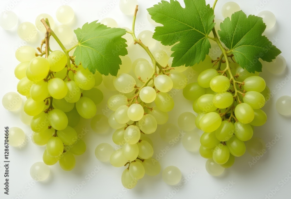 Green Grapes with Leaves on White Surface Green Grapes with Leaves on White Surface