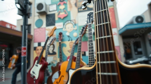 Collection of guitars against a colorful, eclectic mural, capturing artistic musicality and urban culture.