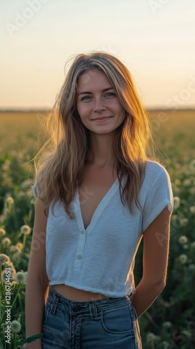 Smiling Woman With Curly Hair in a Flower Field During a Sunny Day in Summer
