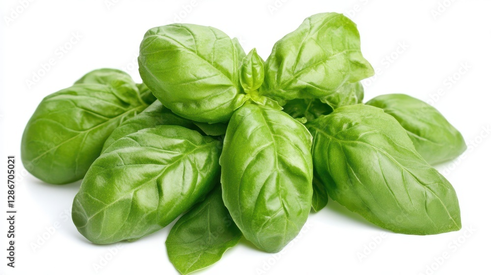 A detailed view of vibrant green basil leaves arranged on a clean white surface, showcasing their texture and freshness. A detailed view of vibrant green basil leaves arranged on a clean white surface, showcasing their texture and freshness.