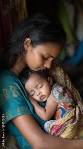 Mother Holding Baby in Warm Embrace While Resting in Cozy Setting