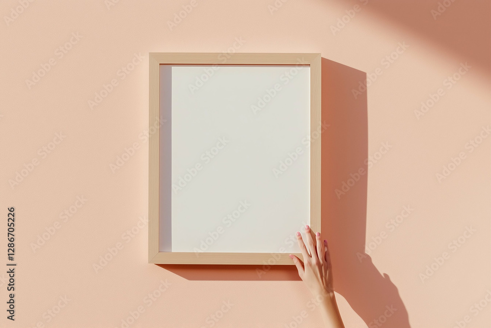 Picture frame on the wall with hand touching it. Beige picture frame on the pink wall with sun light and shadow. Hand touching the picture frame Picture frame on the wall with hand touching it. Beige picture frame on the pink wall with sun light and shadow. Hand touching the picture frame