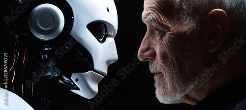 Artificial Intelligence Threat AI Robot Versus Old Man Looking Into Each Other's Eyes