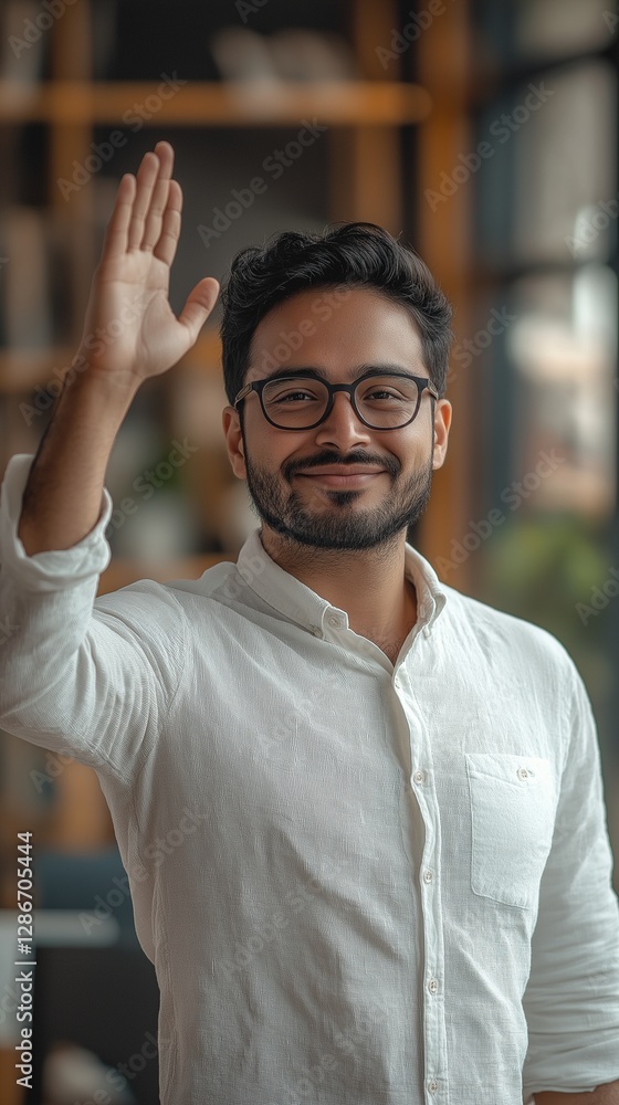 Obraz premium An Indian entrepreneur in a contemporary workplace, saluting