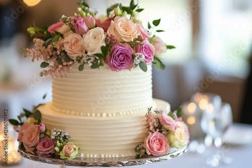 Elegant Wedding Cake Adorned With Fresh Flowers in a Stylish Venue