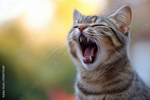 Cute Tabby Cat Yawning in a Cozy Home Setting During the Afternoon Light