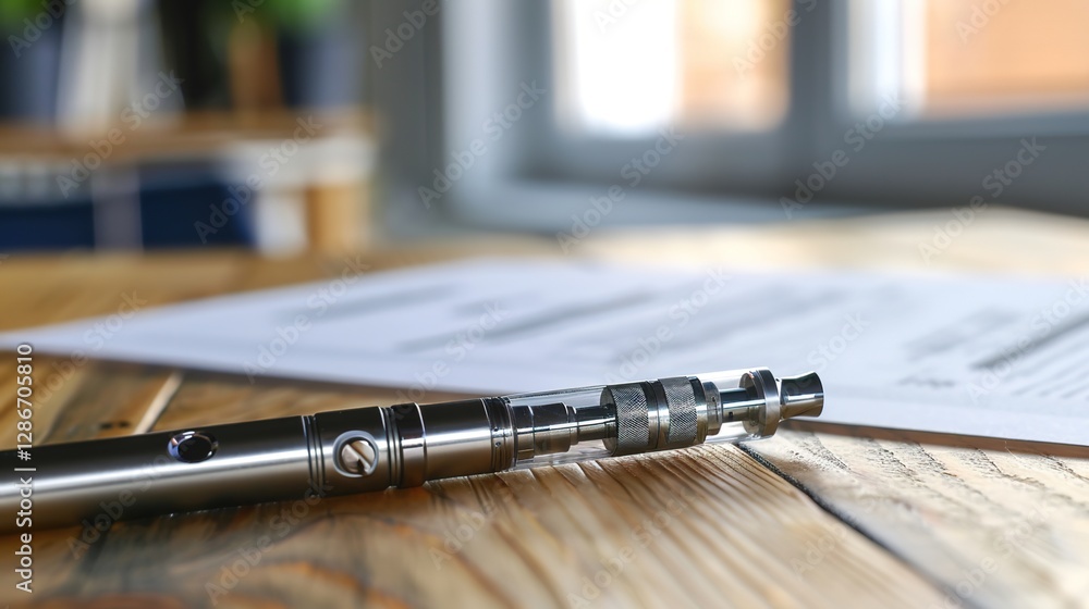 Naklejka premium Close-up of a vape device on a wooden table with legal documents, symbolizing legal disputes and regulations in the vaping industry. Focused on modern e-cigarette technology and legal