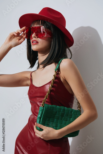 A woman in a vibrant red dress and hat stands against a white wall, holding a coordinating red purse and contrasting green handbag, blending fashion and color coordination effortlessly photo