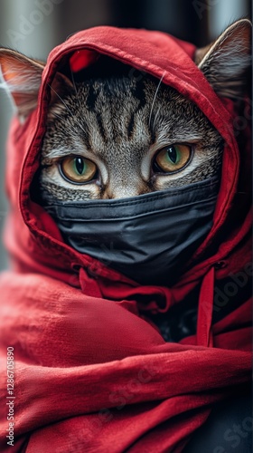 Cat Wearing Yellow Goggles and a Red Cape Poses Proudly by a Window on a Sunn...