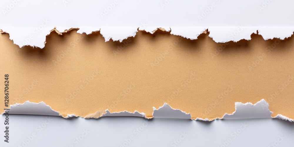 Fototapeta premium A detailed close-up view of a torn piece of paper set against a clean white background, highlighting texture and edges.