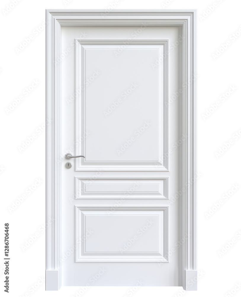 White classic door with decorative rectangular panels and a silver handle. The door has elegant molding and a minimalist design suitable for interior spaces. Isolated on transparent background, png. White classic door with decorative rectangular panels and a silver handle. The door has elegant molding and a minimalist design suitable for interior spaces. Isolated on transparent background, png.