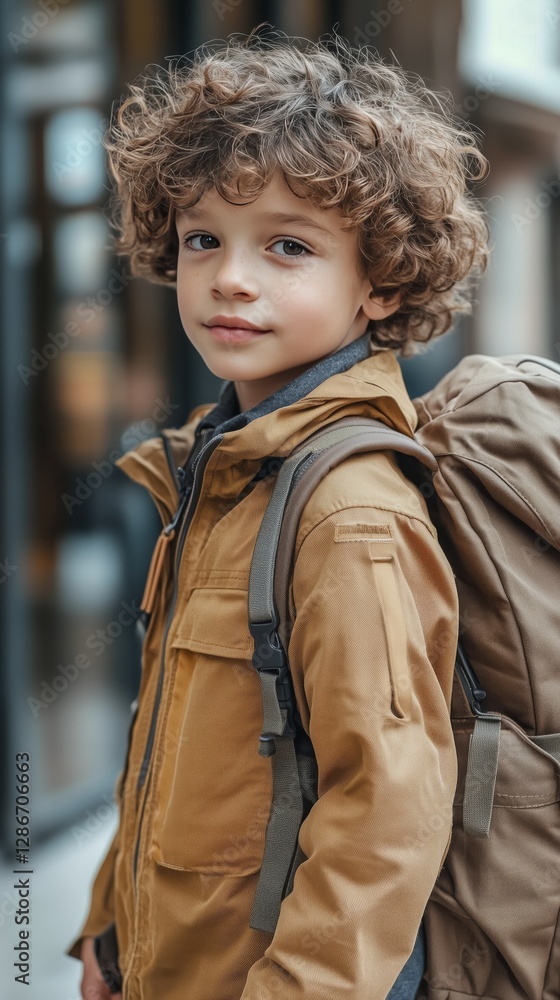 Young Child With Curly Hair Walks Through City Street Carrying a Backpack in Early Morning Light