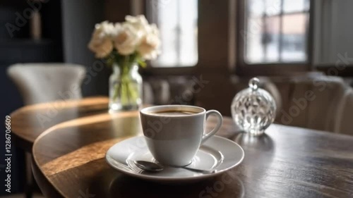 Wallpaper Mural A white coffee cup sits on a white plate on a wooden table. The table is surrounded by chairs, and there are flowers in a vase on the table. Concept of relaxation and comfort, as the coffee cup Torontodigital.ca