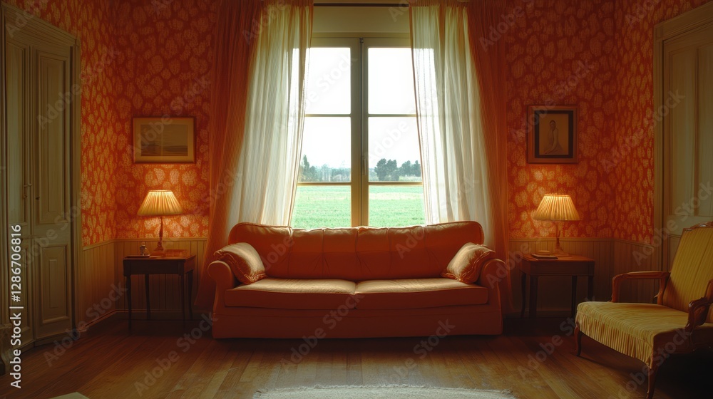 Fototapeta premium A cozy room features a comfortable couch and a stylish chair beside a large window, enhancing the inviting atmosphere.