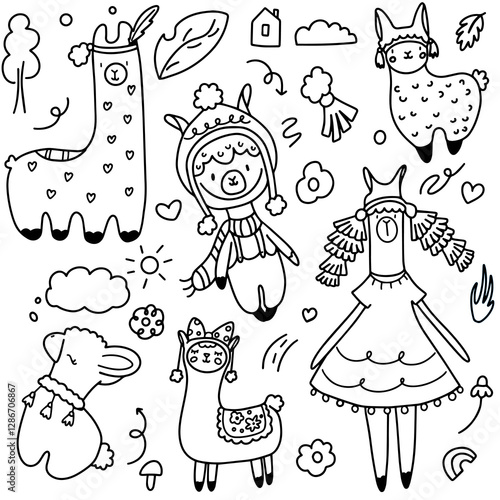 Llama, cute children's doodle set with black line art of llamas on white background