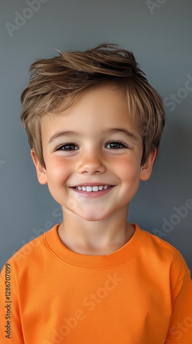 Young Boy With Cheerful Smile Wearing Bright Orange Shirt Indoors