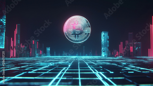 Futuristic Bitcoin hovering above a digital cityscape