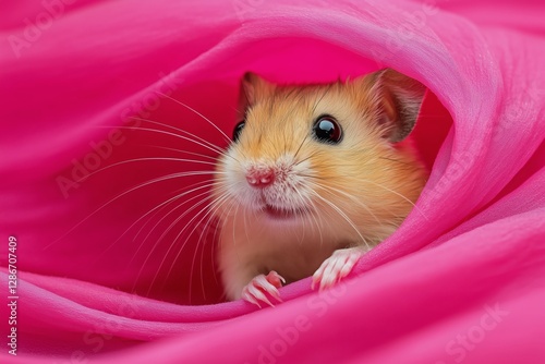 Sweet Hamster Peeking out From Under a Bright Pink Blanket in a Cozy Setting