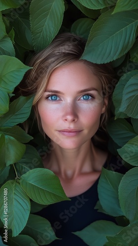 Woman With Striking Blue Eyes Surrounded by Lush Green Leaves in a Tranquil S...
