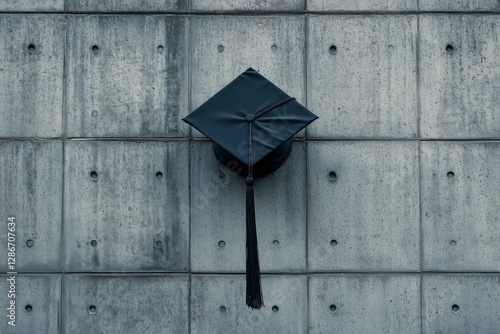 Graduation Cap Hangs Against a Textured Concrete Wall in a Minimalist Setting