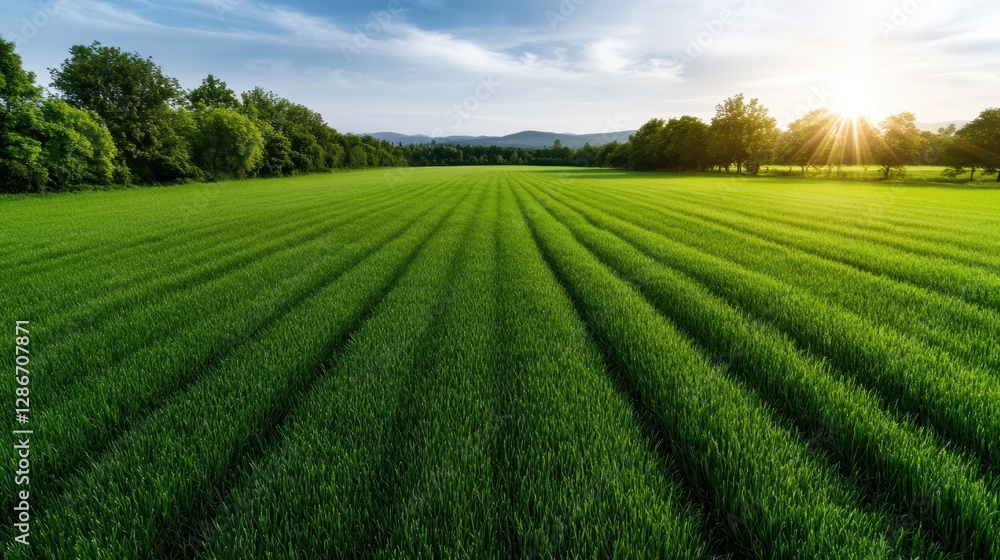 A picturesque scene of sunlit green rice fields bathed in soft afternoon light, representing agricultural beauty and the peacefulness of rural life. A picturesque scene of sunlit green rice fields bathed in soft afternoon light, representing agricultural beauty and the peacefulness of rural life.