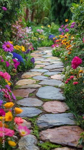 Brightly Colored Flowers Line a Stone Pathway Through a Vibrant Garden Full o...