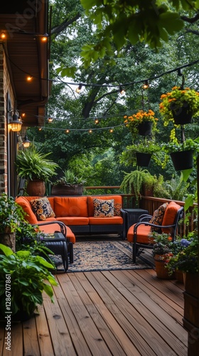 Cozy Outdoor Seating Area Surrounded by Lush Greenery and Wooden Deck in a Tr...