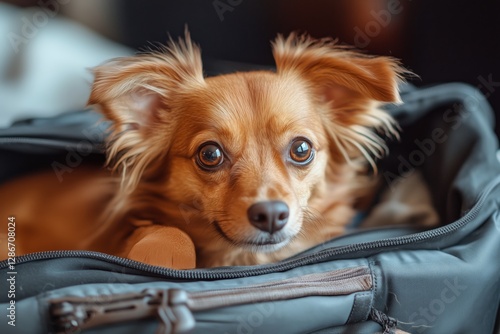 Cute Small Dog Peeking out From a Suitcase During Travel Preparations at Home