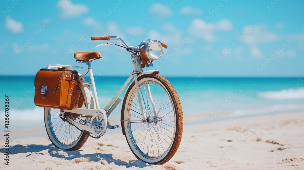 Fototapeta premium A bike rests on the sandy beach, positioned close to the gentle waves of the water, inviting relaxation and adventure in a serene coastal setting.