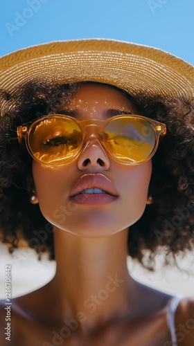 Stylish Woman Wearing Yellow Sunglasses and a Wide-Brimmed Hat on a Sunny Day...